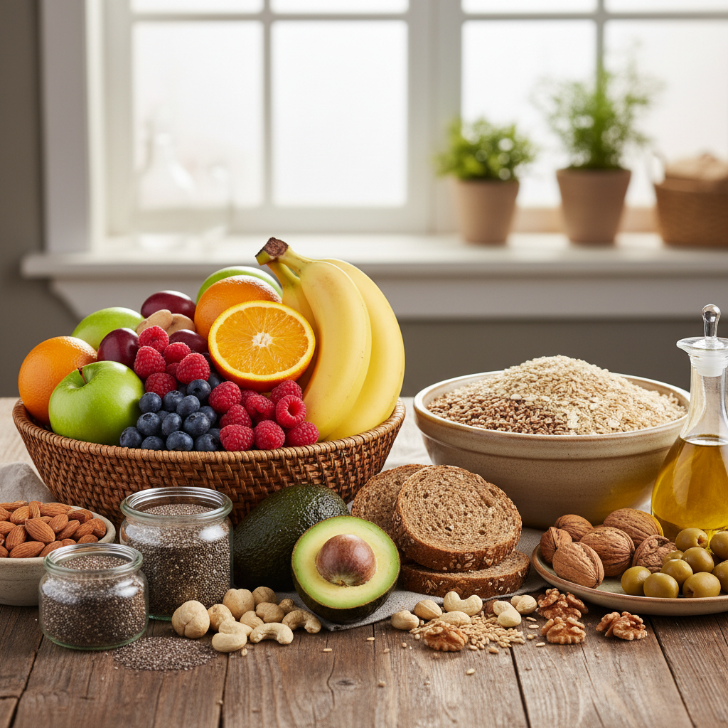 A colourful array of whole foods representing energy-providing macronutrients including grains, fruits and healthy fats