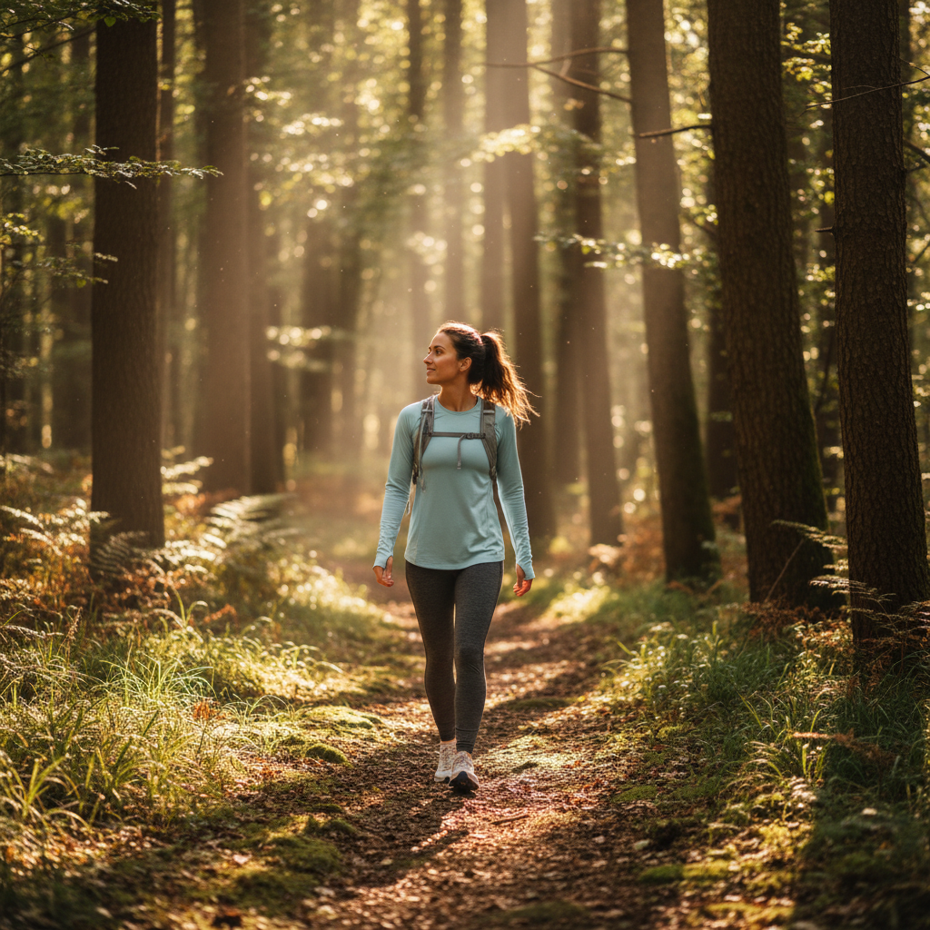 A person walking outdoors on a sunlit forest path in light active clothing representing general well-being