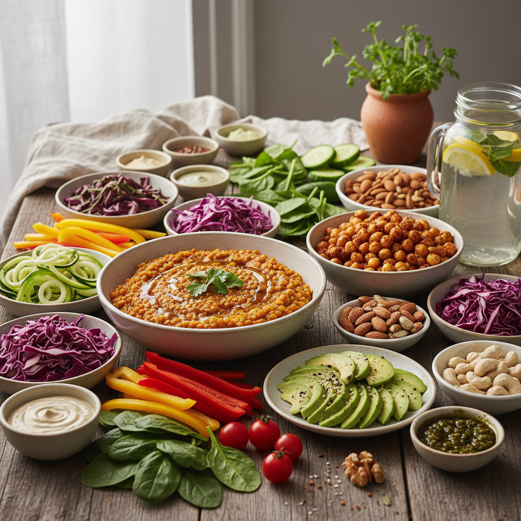 A spread of colourful plant-based foods including lentils, chickpeas, avocado, nuts and assorted fresh vegetables